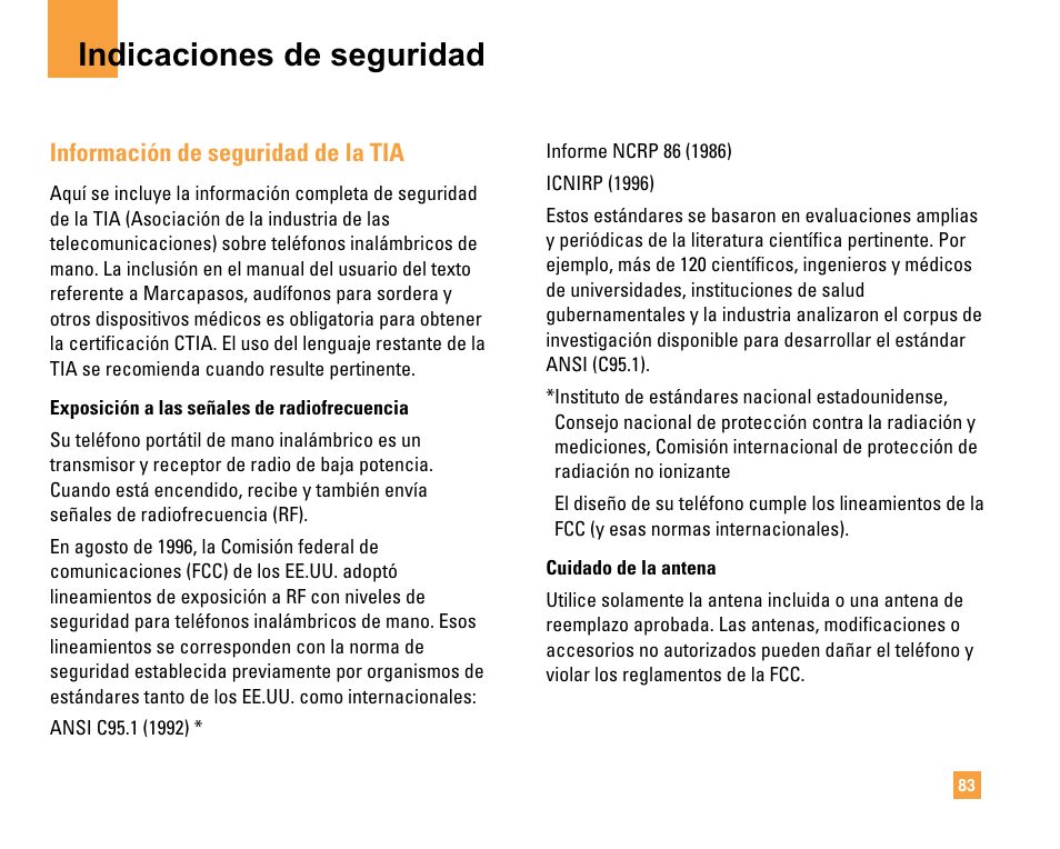 Indicaciones de seguridad, Información de seguridad de la tia | LG F9200 User Manual | Page 189 / 214