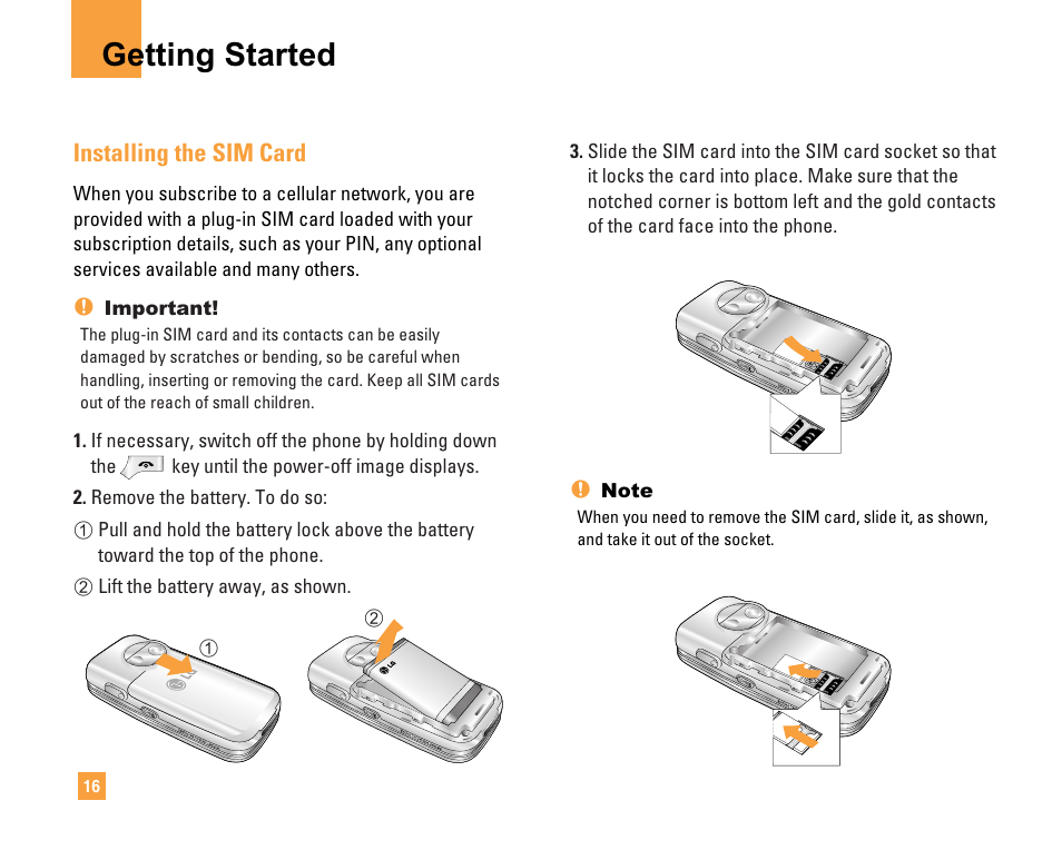 Getting started, Installing the sim card | LG F9200 User Manual | Page 20 / 214