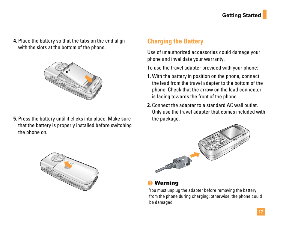 Charging the battery | LG F9200 User Manual | Page 21 / 214