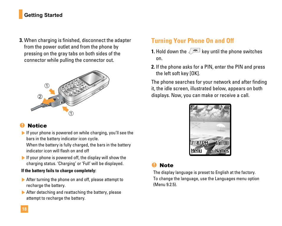 Turning your phone on and off | LG F9200 User Manual | Page 22 / 214