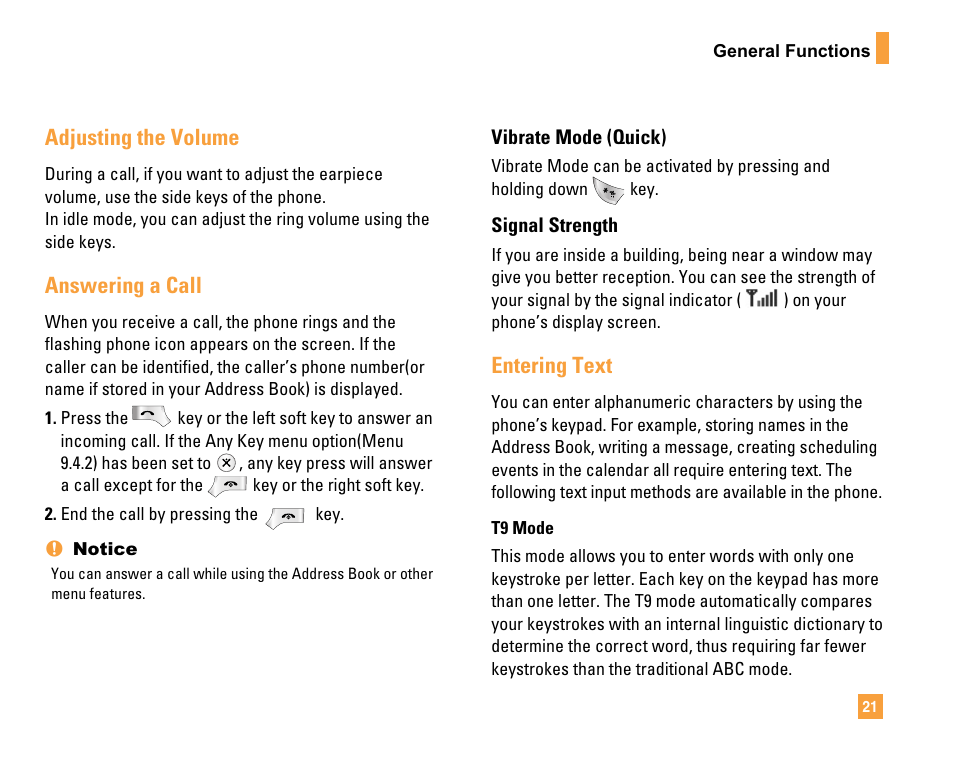 Adjusting the volume, Answering a call, Entering text | LG F9200 User Manual | Page 25 / 214