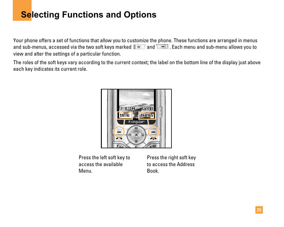 Selecting functions and options | LG F9200 User Manual | Page 29 / 214