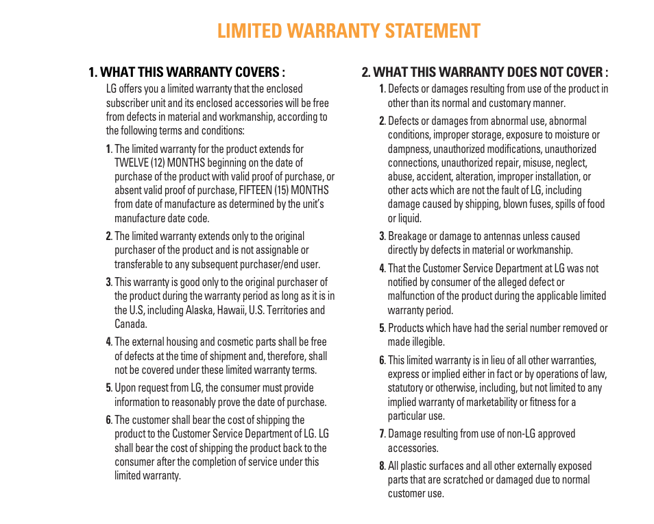 Limited warranty statement | LG F9200 User Manual | Page 3 / 214