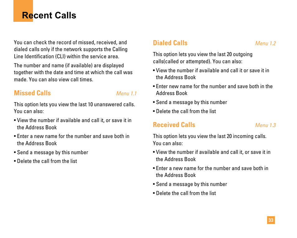 Recent calls, Missed calls, Dialed calls | Received calls | LG F9200 User Manual | Page 37 / 214