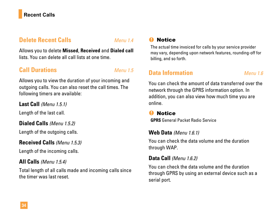 Delete recent calls, Call durations, Data information | LG F9200 User Manual | Page 38 / 214