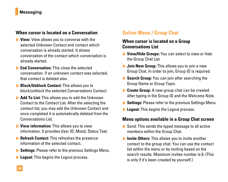 Online menu / group chat | LG F9200 User Manual | Page 42 / 214