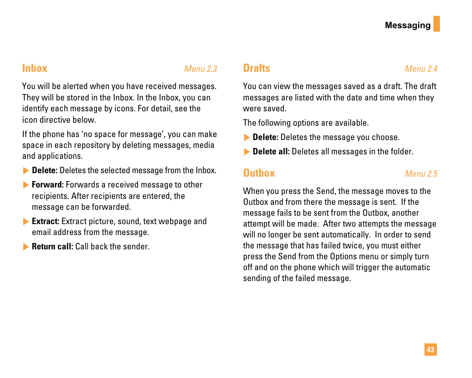 Inbox, Drafts, Outbox | LG F9200 User Manual | Page 47 / 214