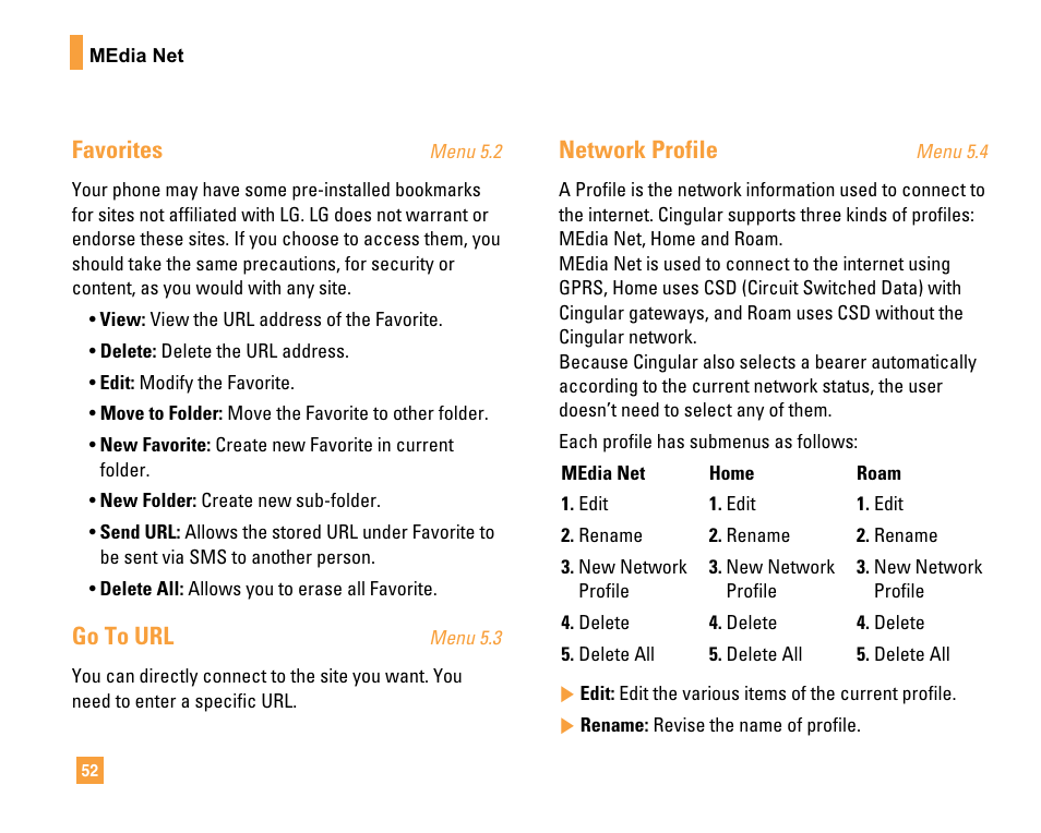 Favorites, Go to url, Network profile | LG F9200 User Manual | Page 56 / 214
