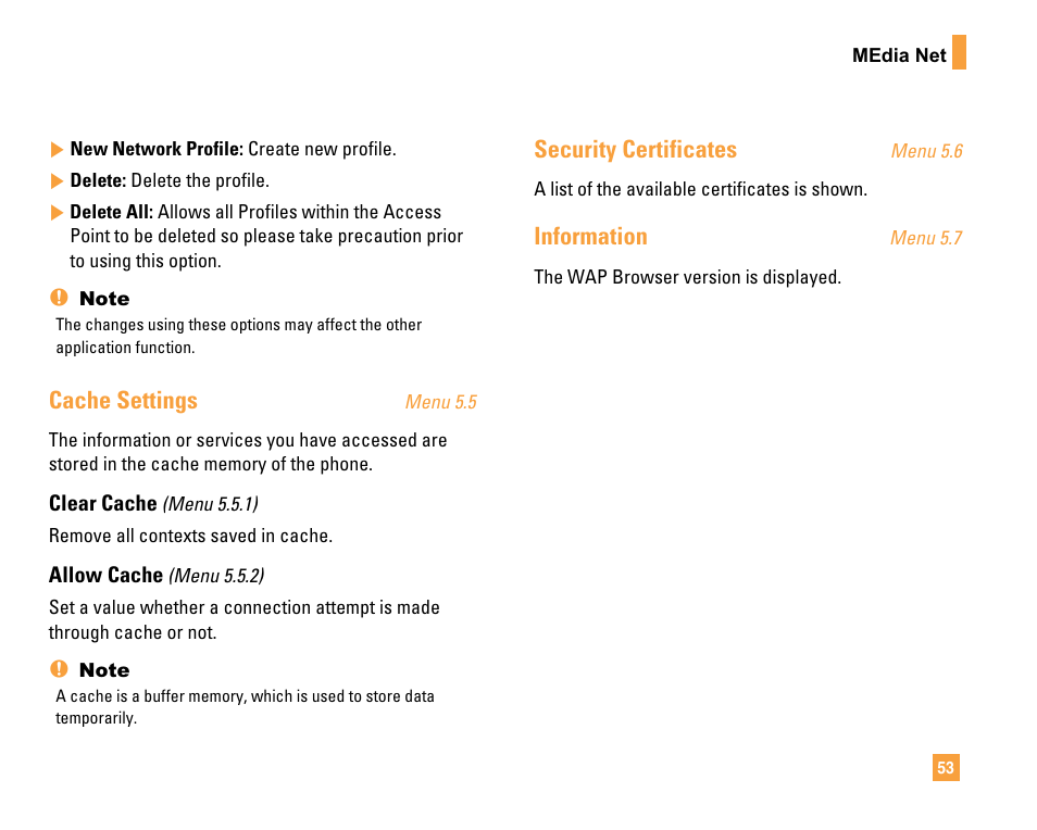 Cache settings, Security certificates, Information | LG F9200 User Manual | Page 57 / 214