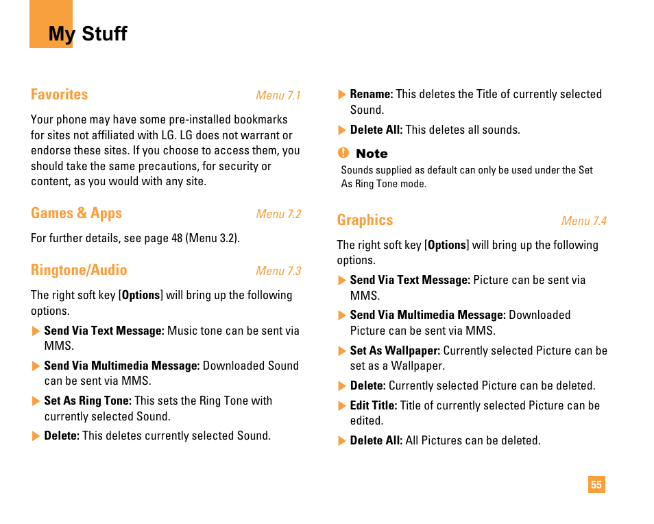 My stuff, Favorites, Games & apps | Ringtone/audio, Graphics | LG F9200 User Manual | Page 59 / 214