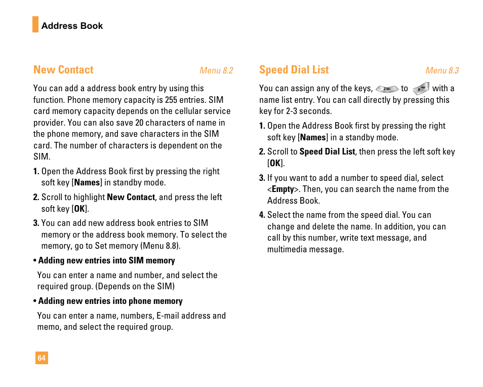 New contact, Speed dial list | LG F9200 User Manual | Page 68 / 214