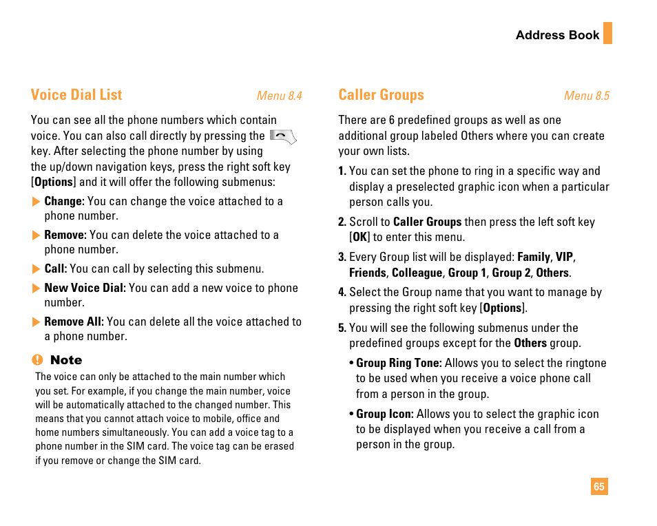 Voice dial list, Caller groups | LG F9200 User Manual | Page 69 / 214