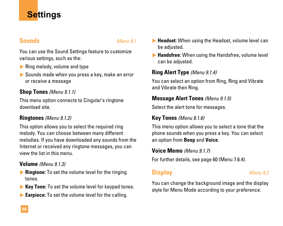 Settings, Sounds, Display | LG F9200 User Manual | Page 72 / 214