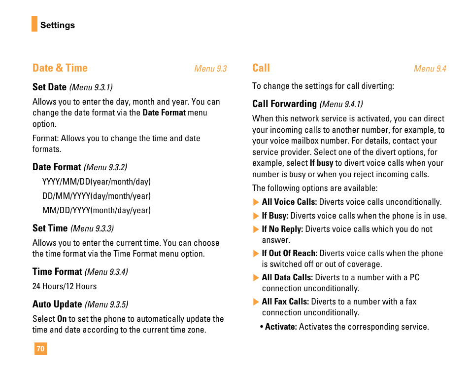 Date & time, Call | LG F9200 User Manual | Page 74 / 214