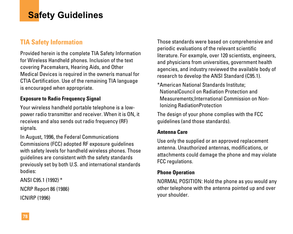 Safety guidelines, Tia safety information | LG F9200 User Manual | Page 82 / 214