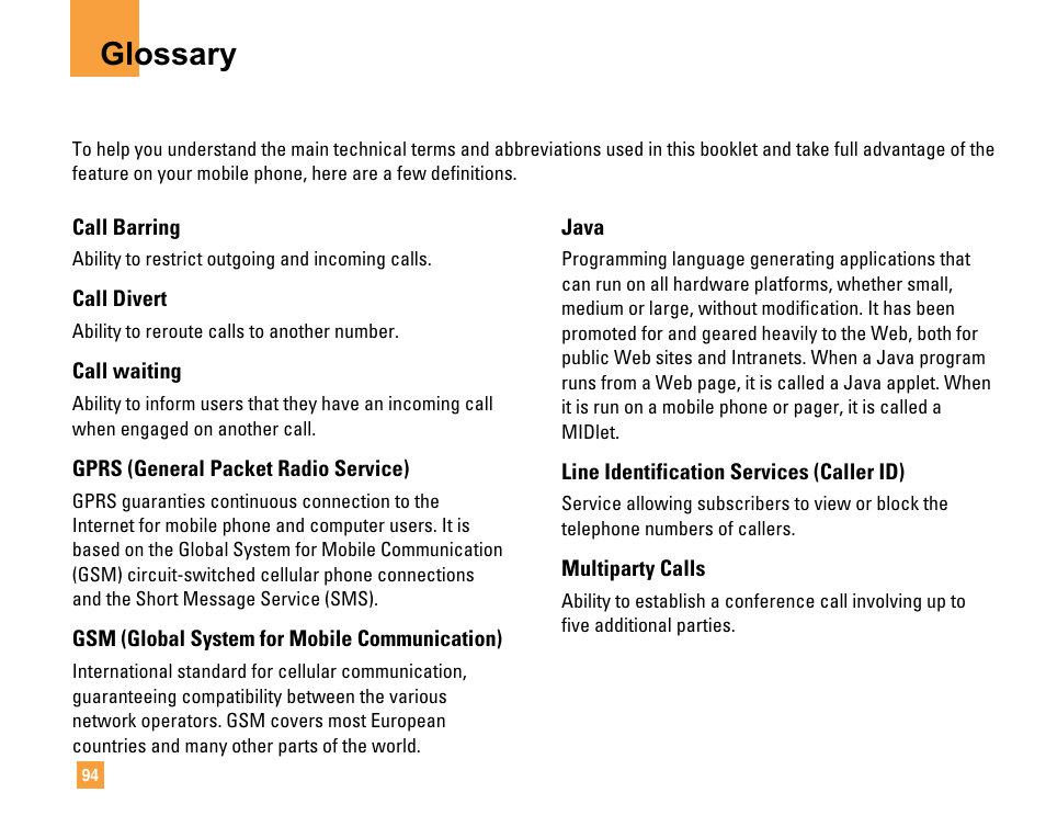 Glossary | LG F9200 User Manual | Page 98 / 214