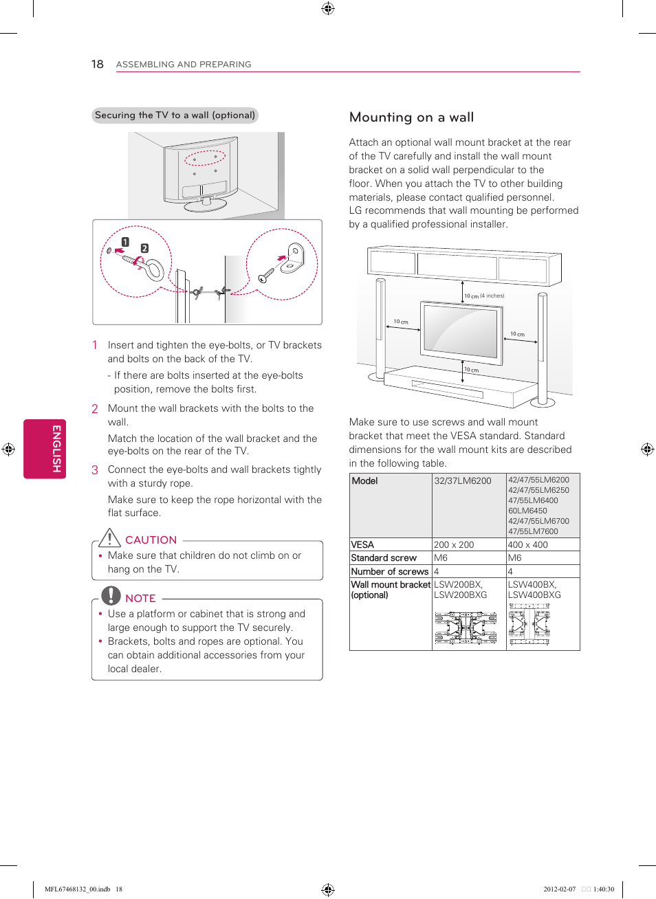 Mounting on a wall | LG 60LM7200 User Manual | Page 18 / 44