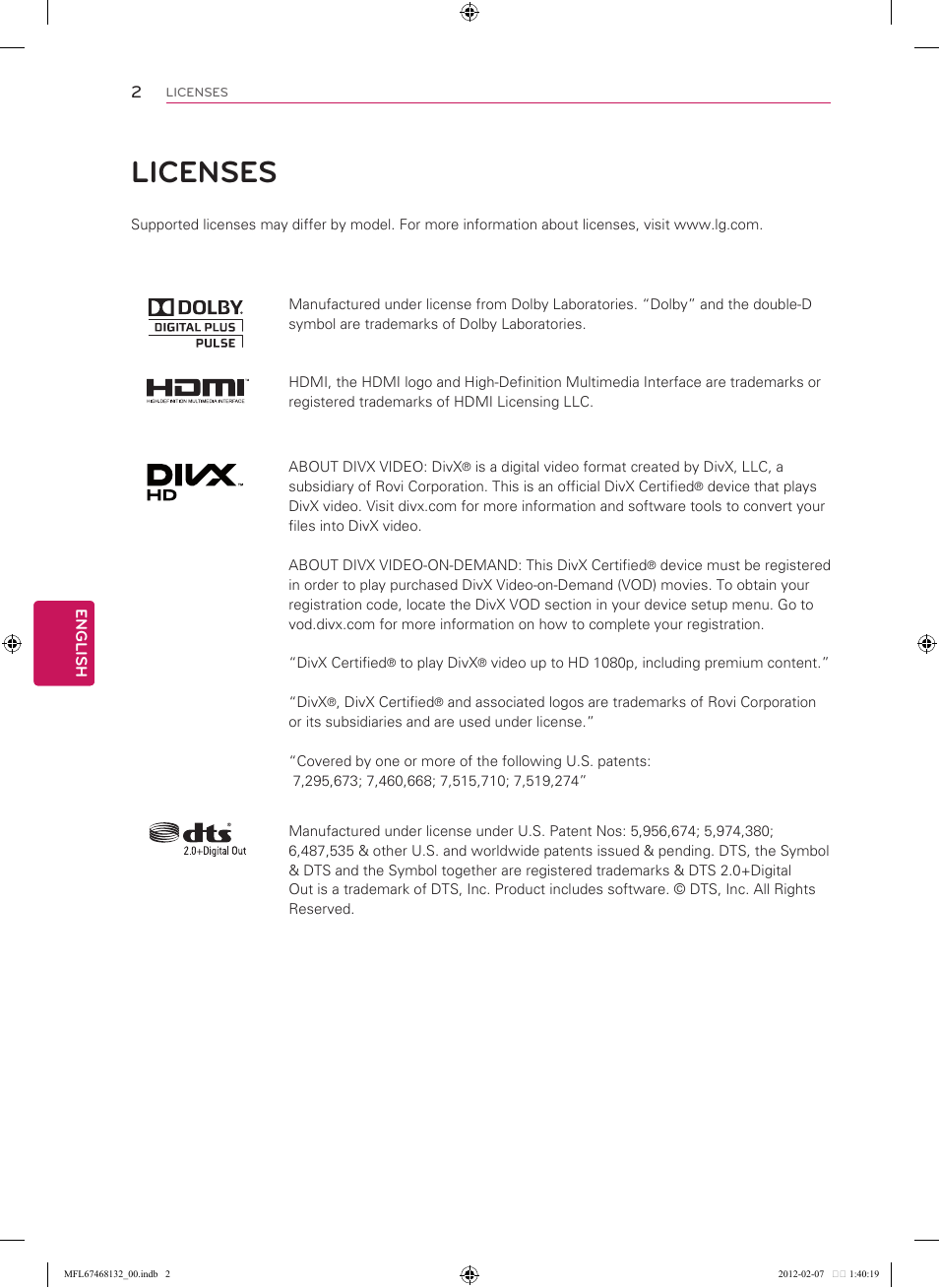 Licenses | LG 60LM7200 User Manual | Page 2 / 44