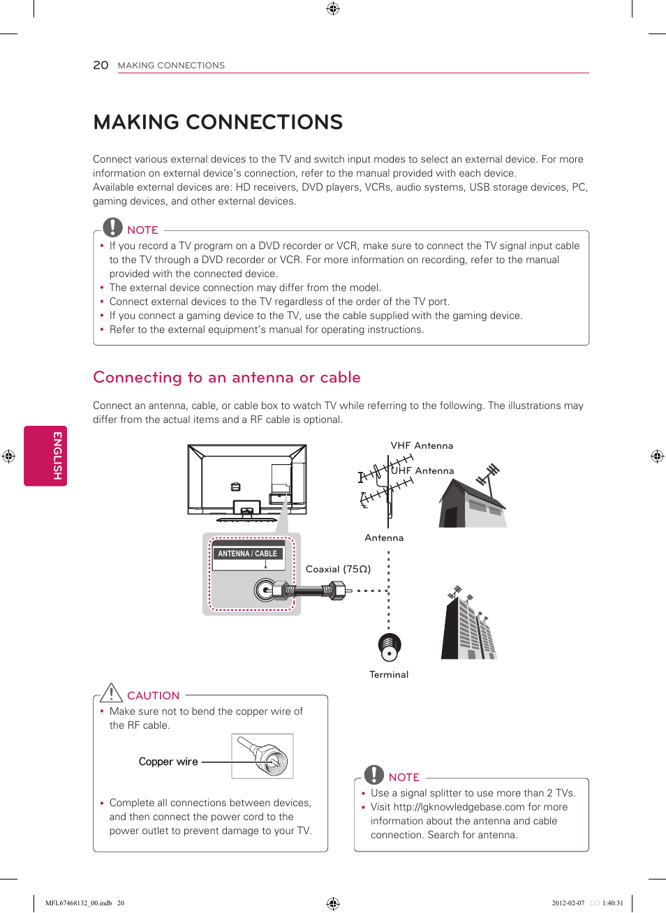 20 making connections, Connecting to an antenna or cable, Making connections | LG 60LM7200 User Manual | Page 20 / 44