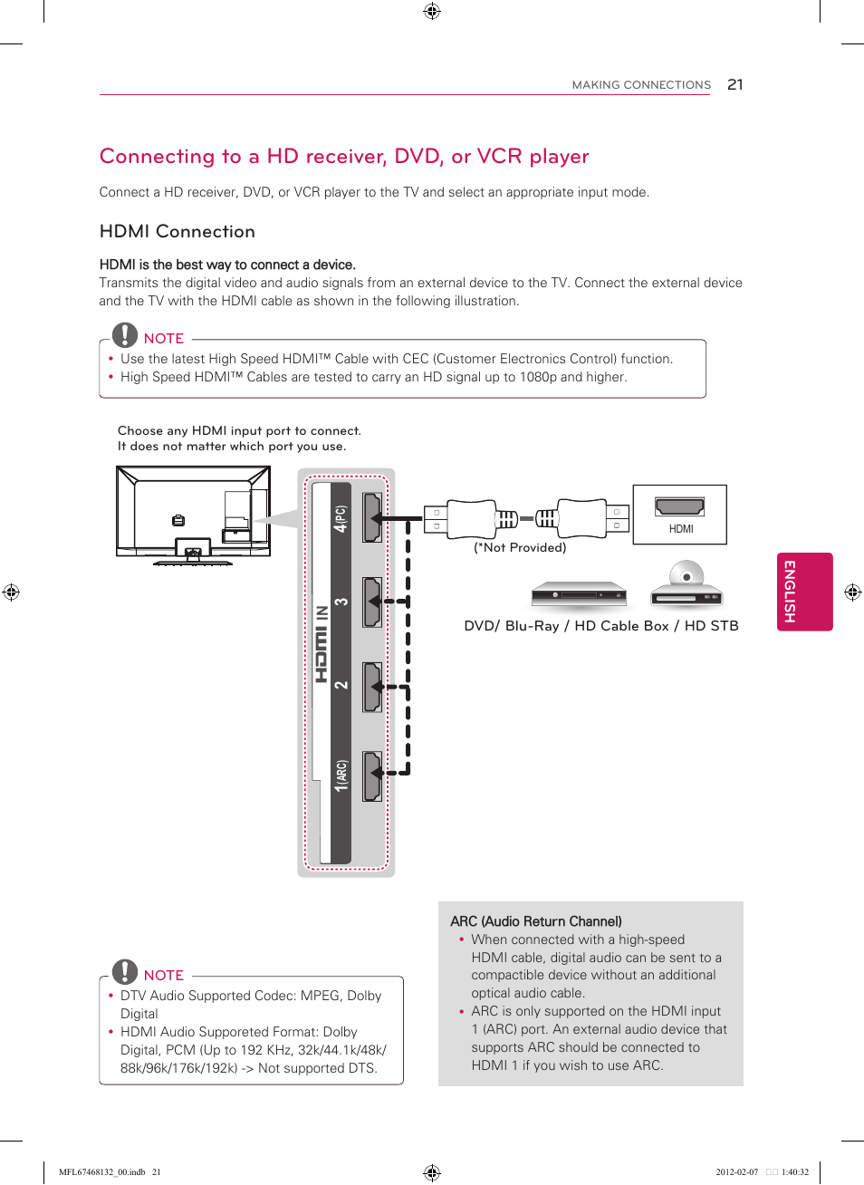 Connecting to a hd receiver, dvd, or vcr player, Hdmi connection | LG 60LM7200 User Manual | Page 21 / 44
