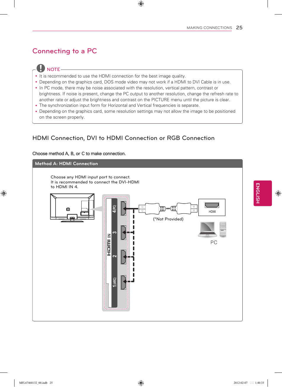 Connecting to a pc, Hdmi connection, dvi to hdmi connec, Tion or rgb connection | LG 60LM7200 User Manual | Page 25 / 44