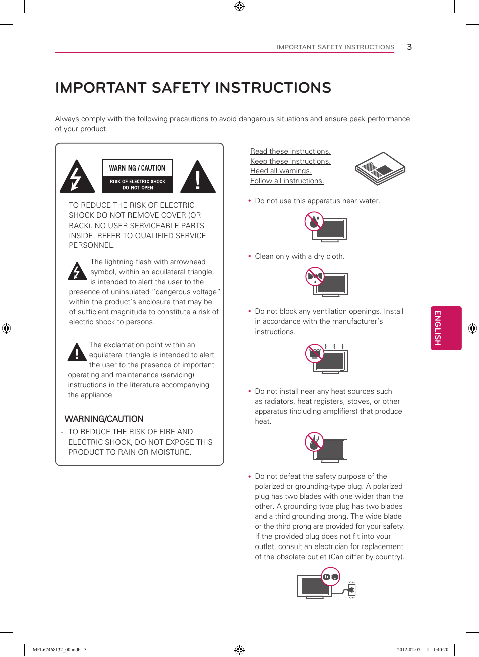 Important safety instructions | LG 60LM7200 User Manual | Page 3 / 44