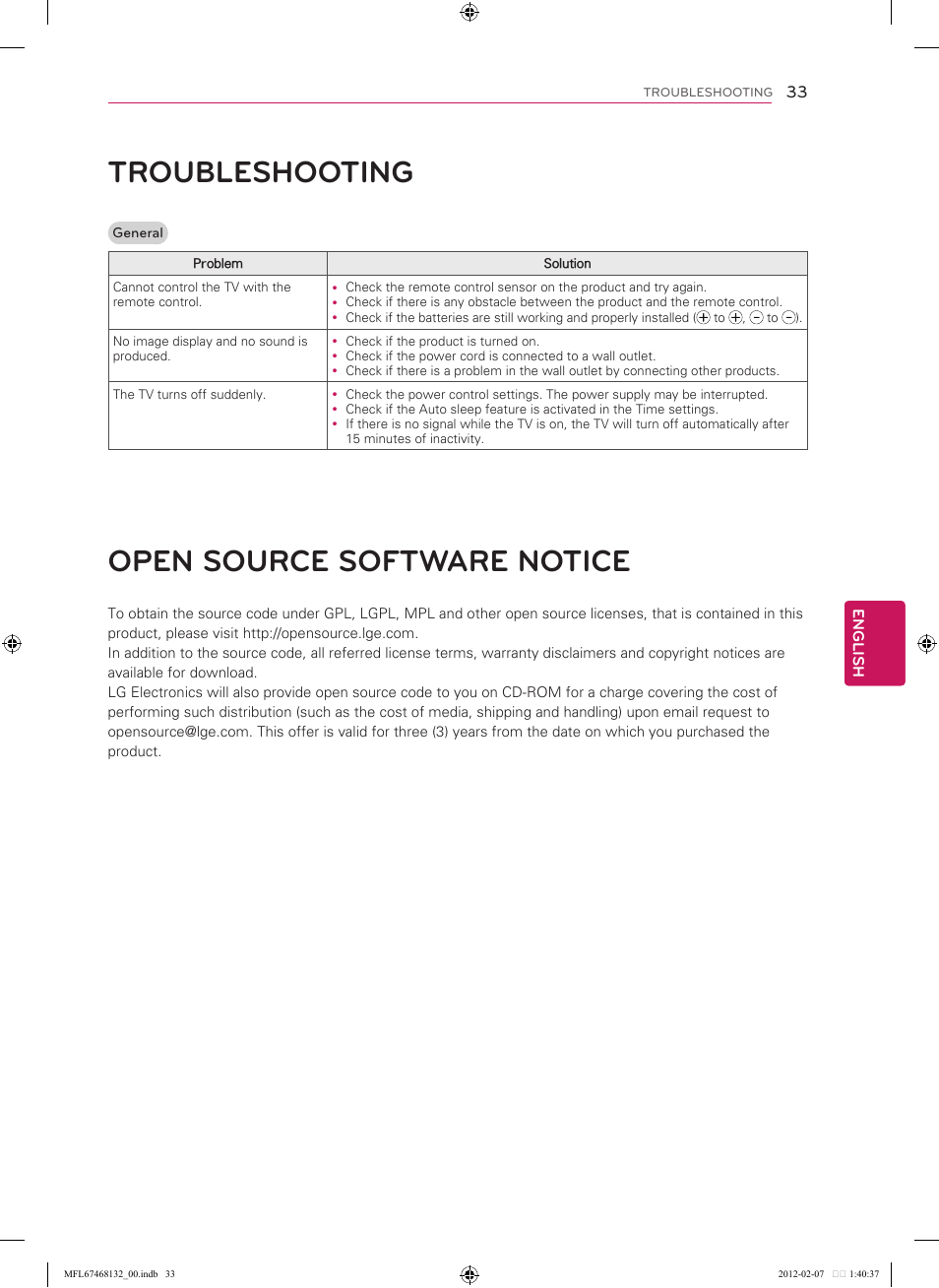 33 troubleshooting, 33 open source software notice, Troubleshooting | Open source software notice | LG 60LM7200 User Manual | Page 33 / 44