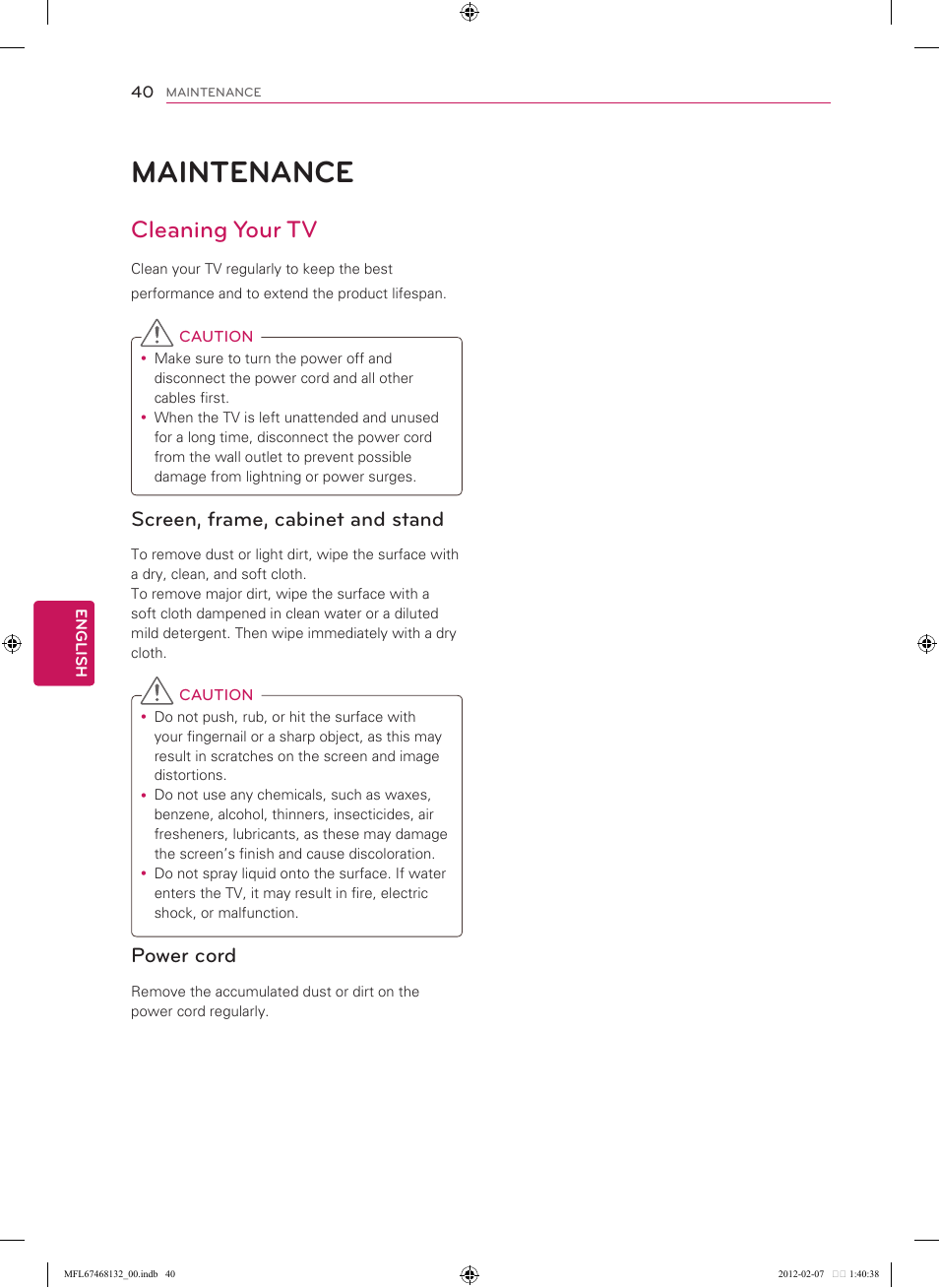 40 maintenance, Cleaning your tv, Screen, frame, cabinet and stand | Power cord, Maintenance | LG 60LM7200 User Manual | Page 40 / 44