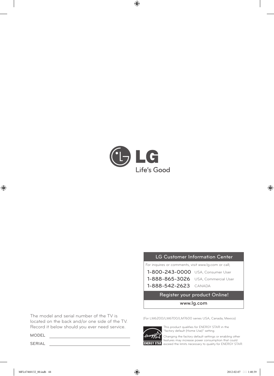 LG 60LM7200 User Manual | Page 44 / 44