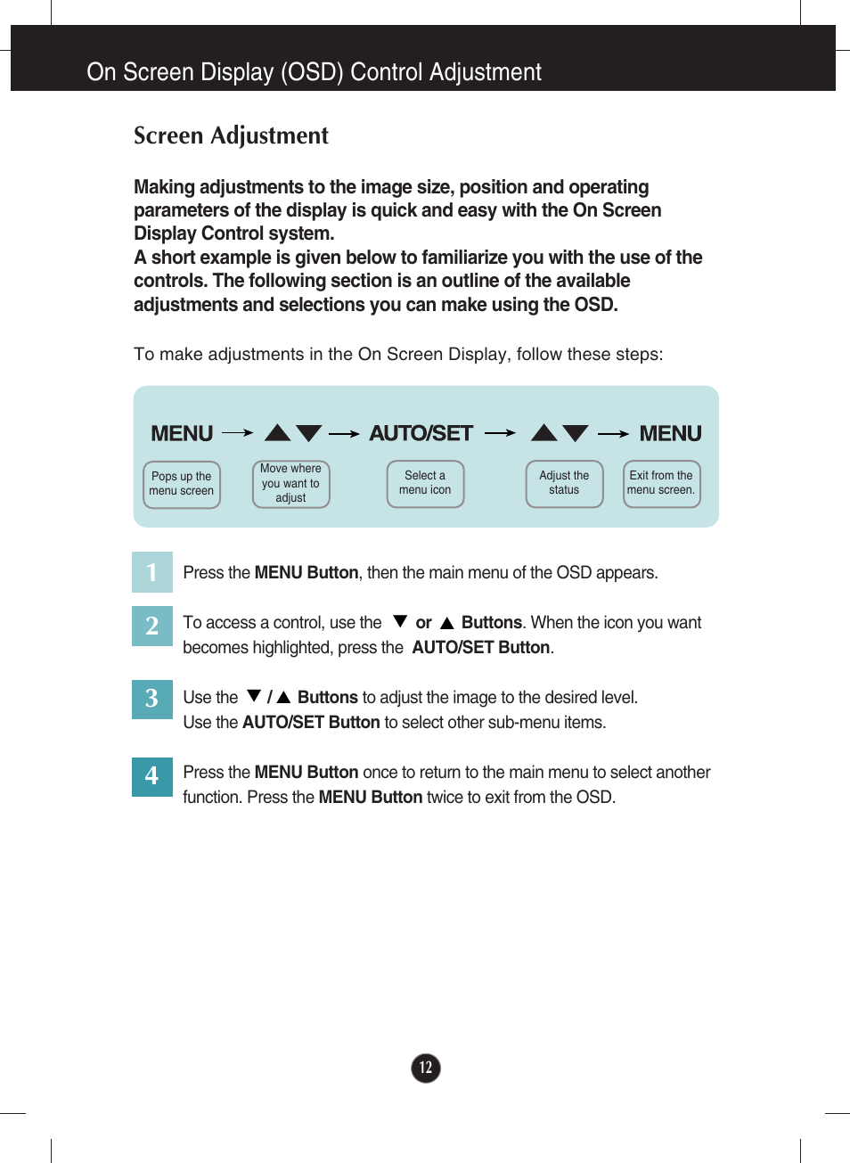 On screen display (osd) control adjustment, Screen adjustment | LG W2043TE-PF User Manual | Page 13 / 34