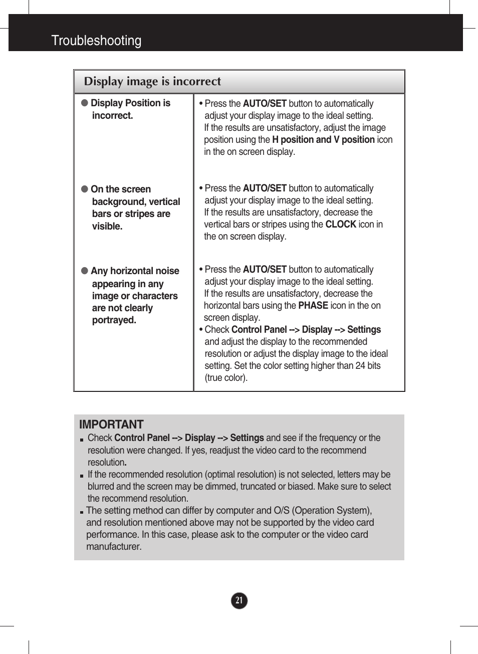 Display image is incorrect, Troubleshooting | LG W2043TE-PF User Manual | Page 22 / 34