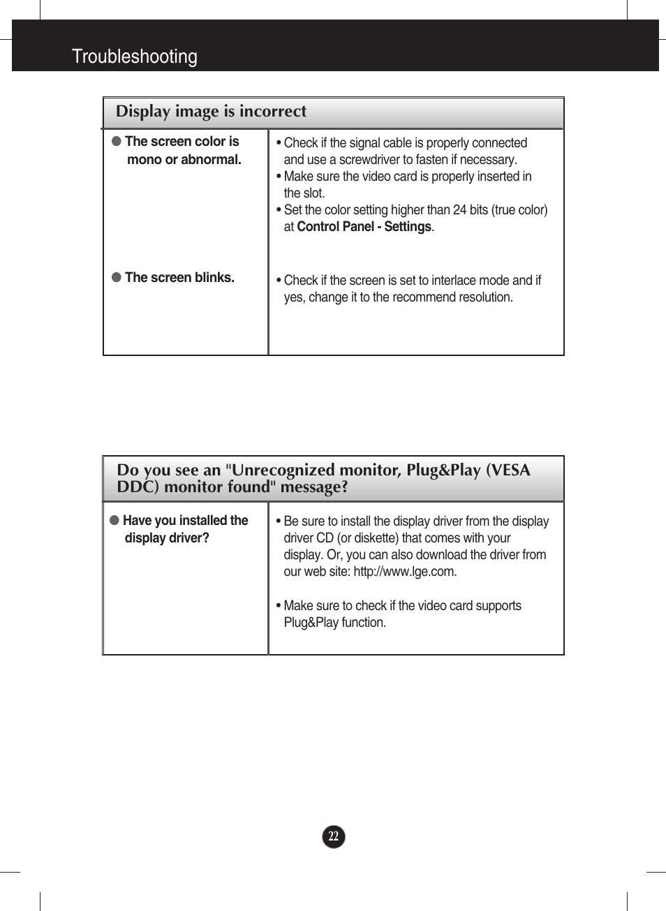 Troubleshooting | LG W2043TE-PF User Manual | Page 23 / 34
