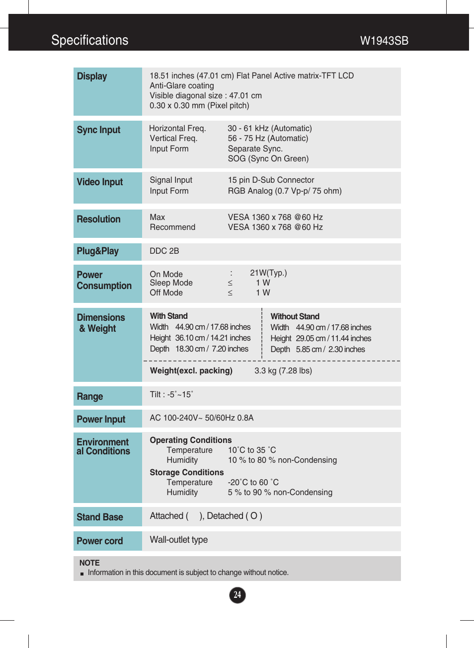 W1943sb, Specifications | LG W2043TE-PF User Manual | Page 25 / 34