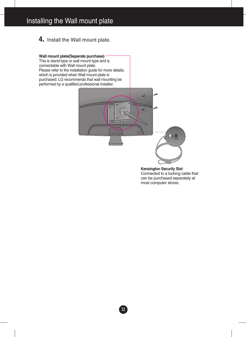 Installing the wall mount plate 4 | LG W2043TE-PF User Manual | Page 33 / 34