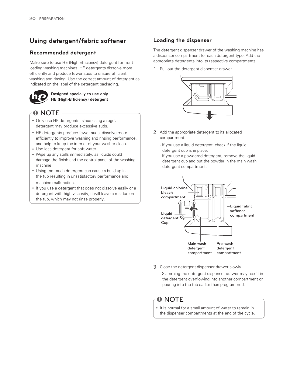 Using detergent/fabric softener, Loading the dispenser, Recommended detergent | LG WM3470HWA User Manual | Page 20 / 80