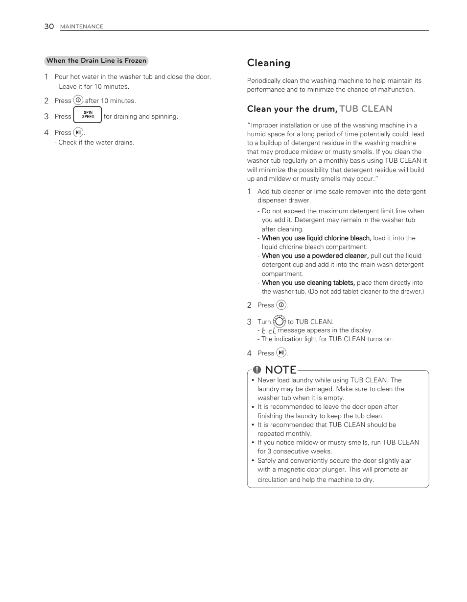 Cleaning, Clean your the drum, tub clean | LG WM3470HWA User Manual | Page 30 / 80