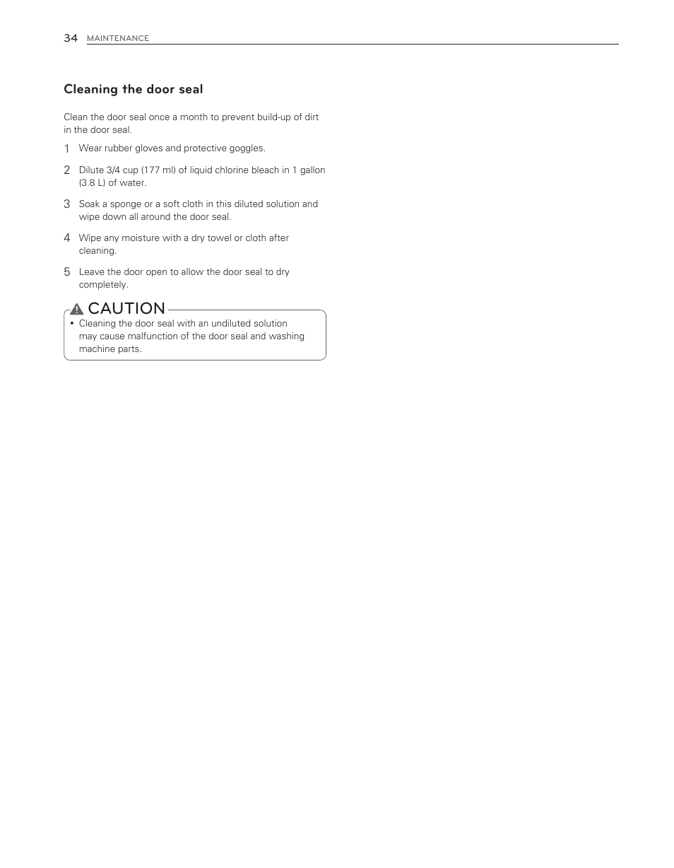 Caution, Cleaning the door seal | LG WM3470HWA User Manual | Page 34 / 80