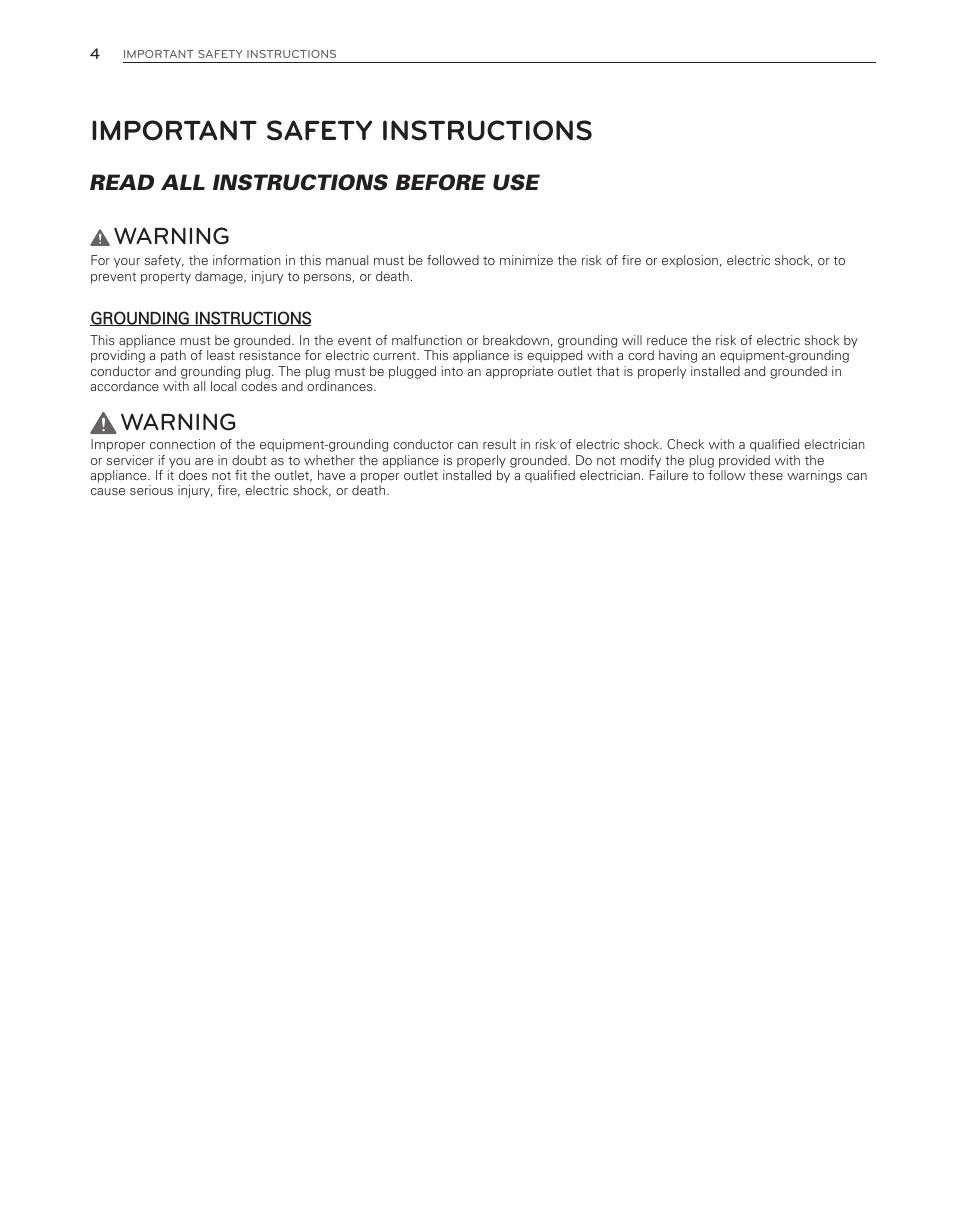 Important safety instructions, Warning, Read all instructions before use | LG WM3470HWA User Manual | Page 4 / 80