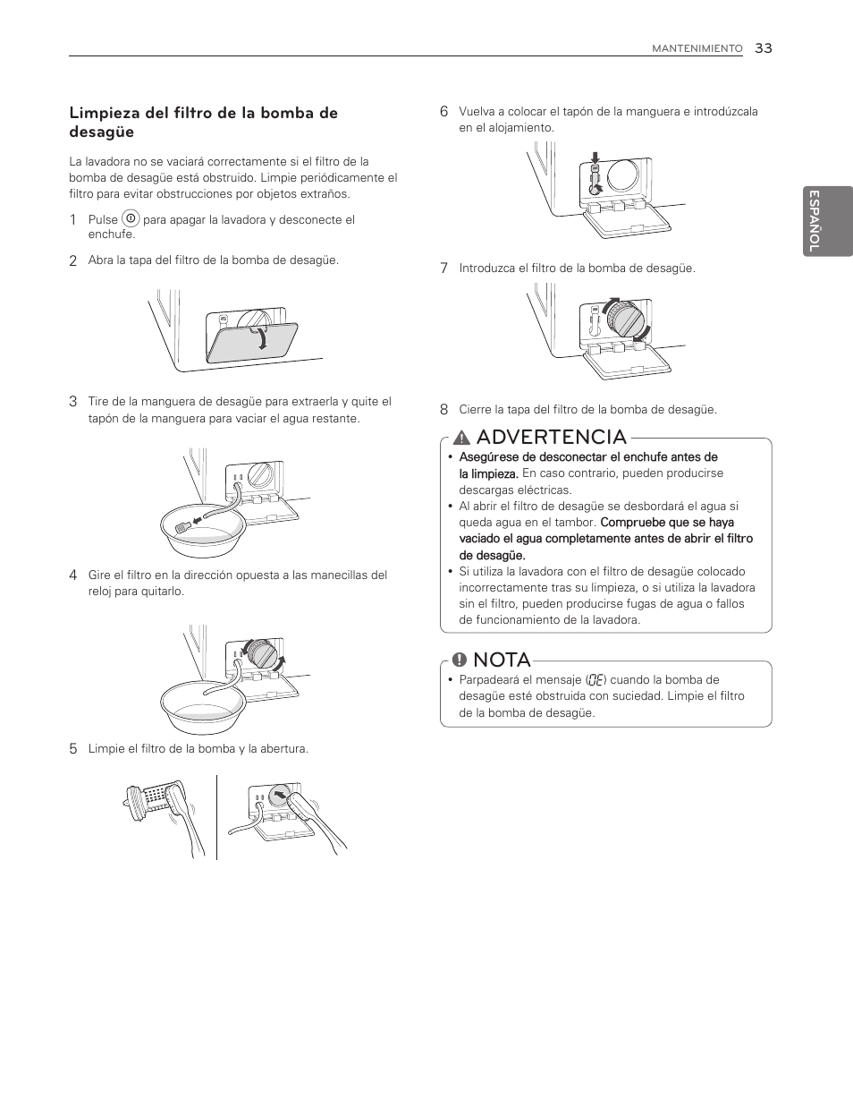 Advertencia, Nota, Limpieza del filtro de la bomba de desagüe | LG WM3470HWA User Manual | Page 73 / 80