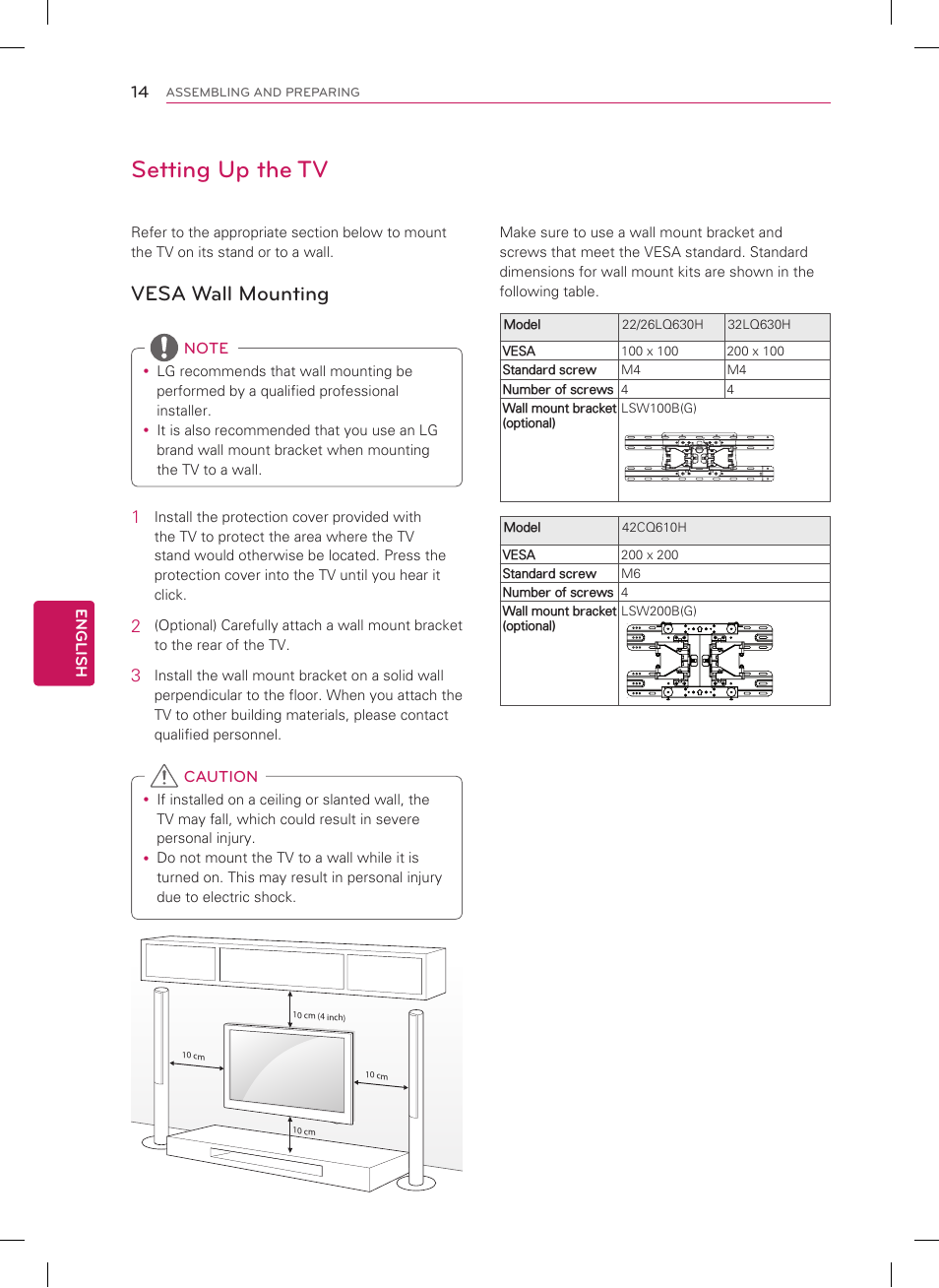 Setting up the tv, Vesa wall mounting | LG 42CQ610H User Manual | Page 14 / 20