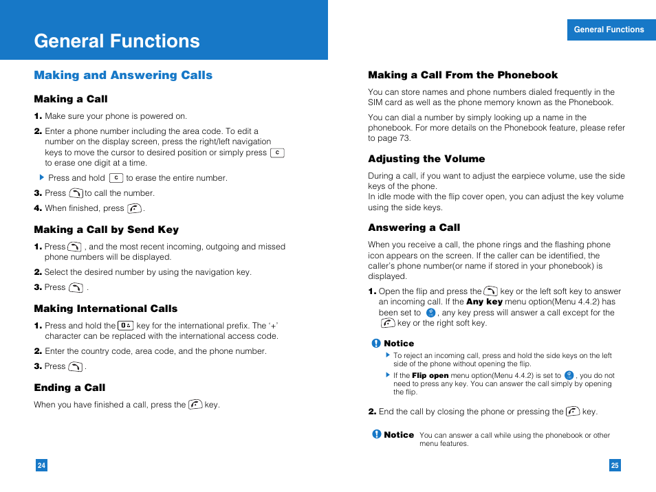 General functions, Making and answering calls | LG G4050 User Manual | Page 14 / 63