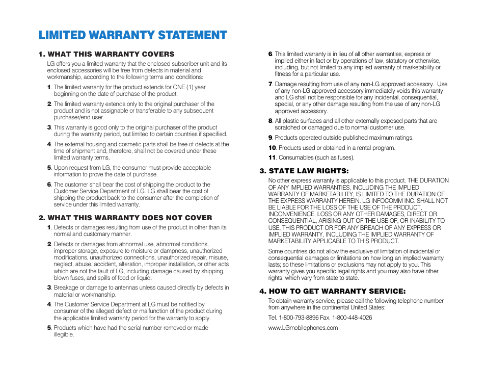 Limited warranty statement | LG G4050 User Manual | Page 2 / 63