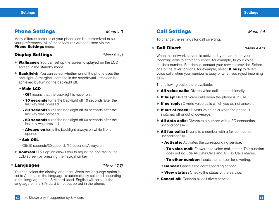 Phone settings, Call settings | LG G4050 User Manual | Page 32 / 63