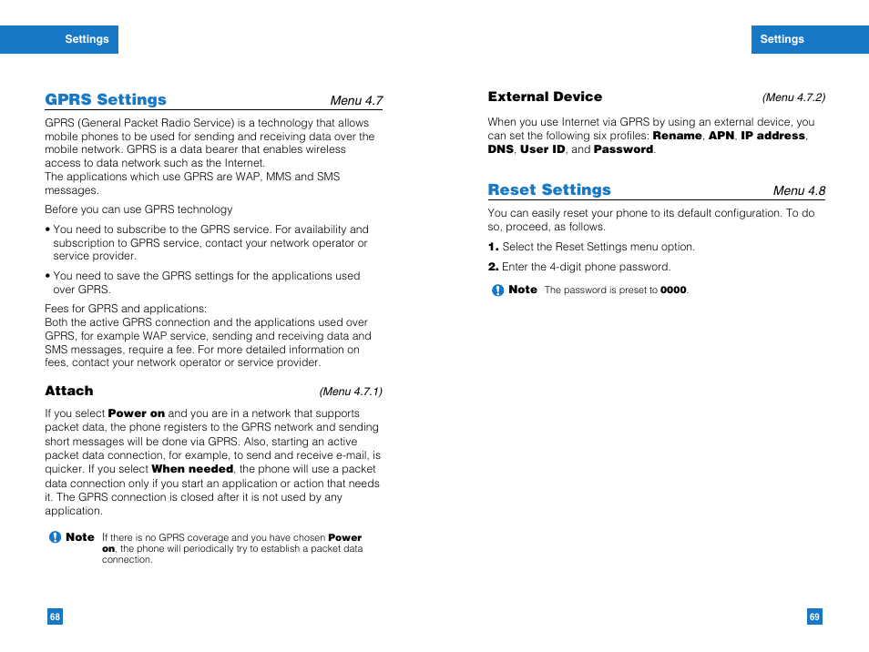 Gprs settings, Reset settings | LG G4050 User Manual | Page 36 / 63