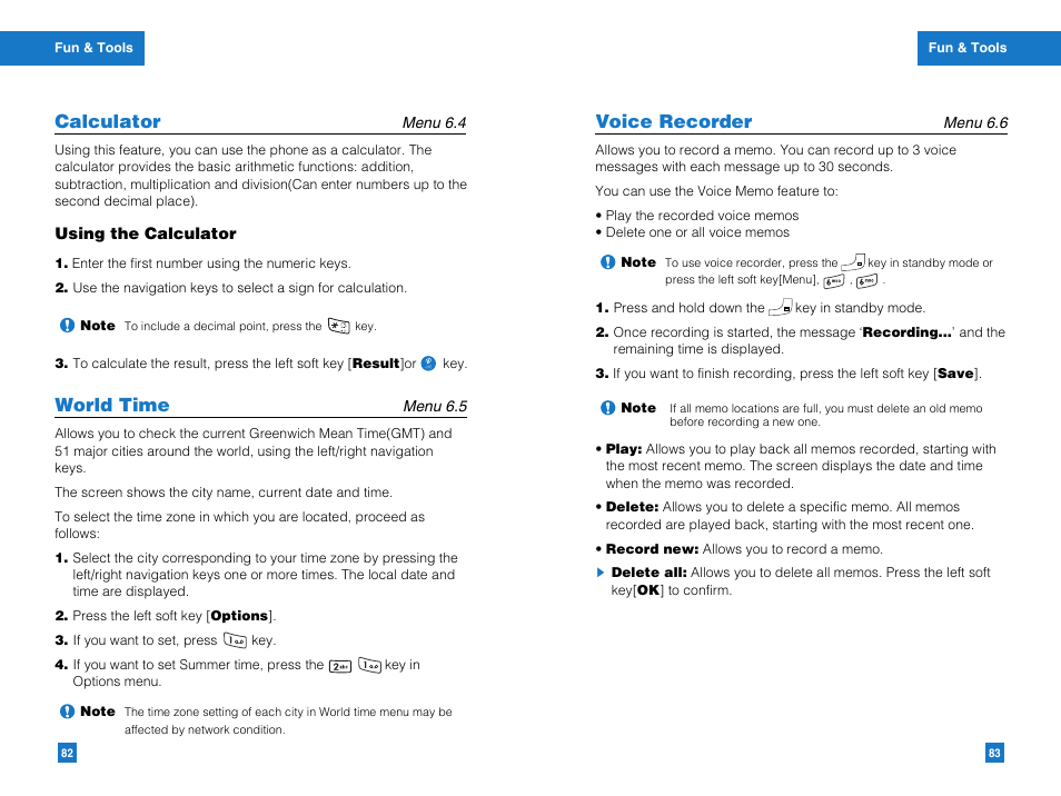 World time, Voice recorder, Calculator | LG G4050 User Manual | Page 43 / 63