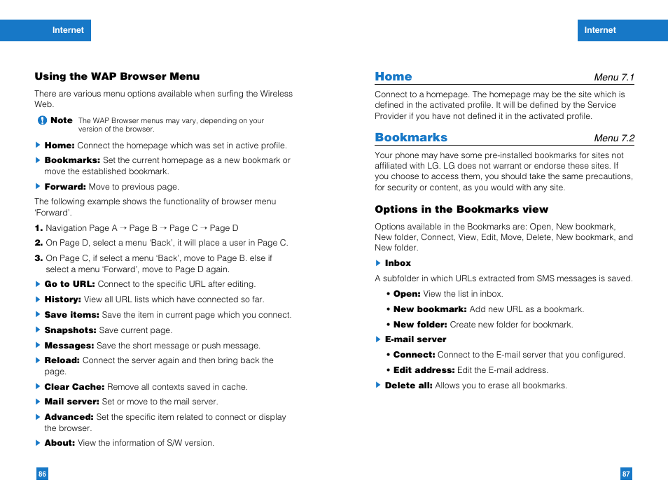 Home, Bookmarks | LG G4050 User Manual | Page 45 / 63