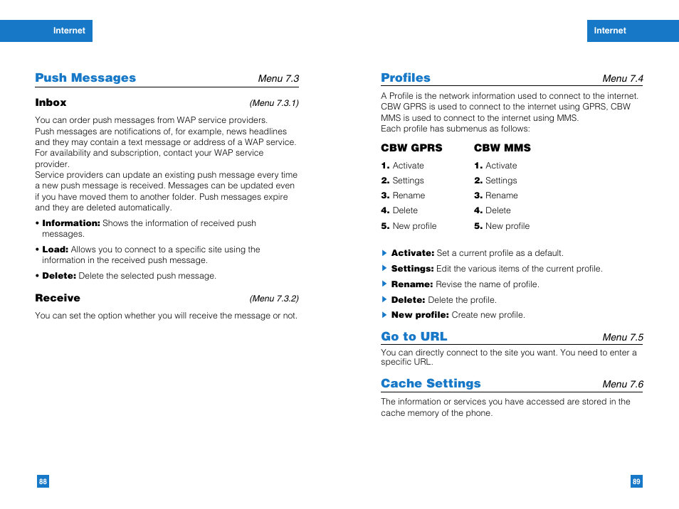 Push messages, Profiles, Go to url | Cache settings | LG G4050 User Manual | Page 46 / 63