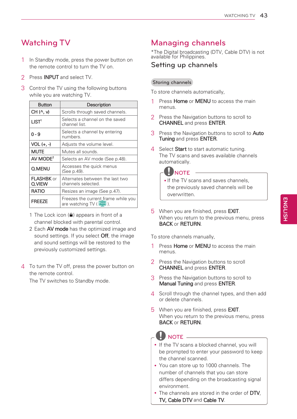 Watching tv, Managing channels, Setting up channels | LG 47LW5300 User Manual | Page 43 / 132