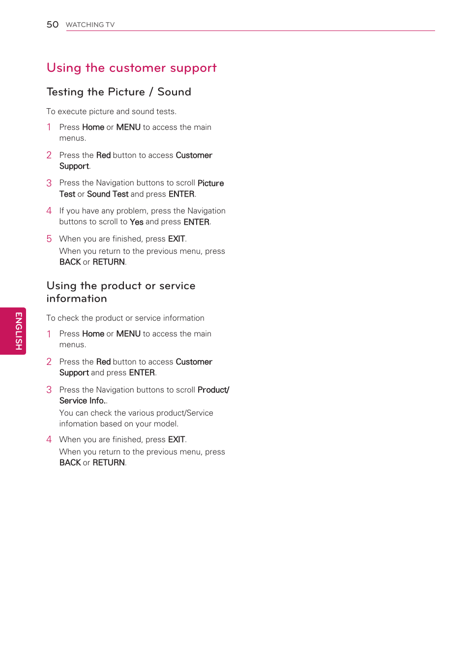 Using the customer support, Testing the picture / sound, Using the product or service information | Using the product or service informa, Tion | LG 47LW5300 User Manual | Page 50 / 132