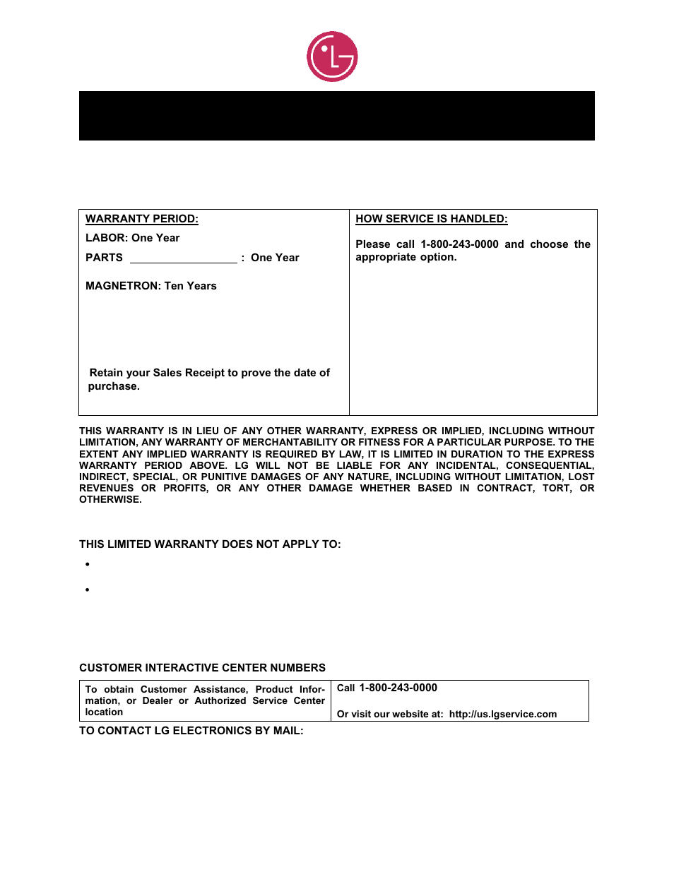 Lg microwave oven limited warranty — usa, Model l trm1240sw/sb/st | LG LTRM1240SW User Manual | Page 27 / 28